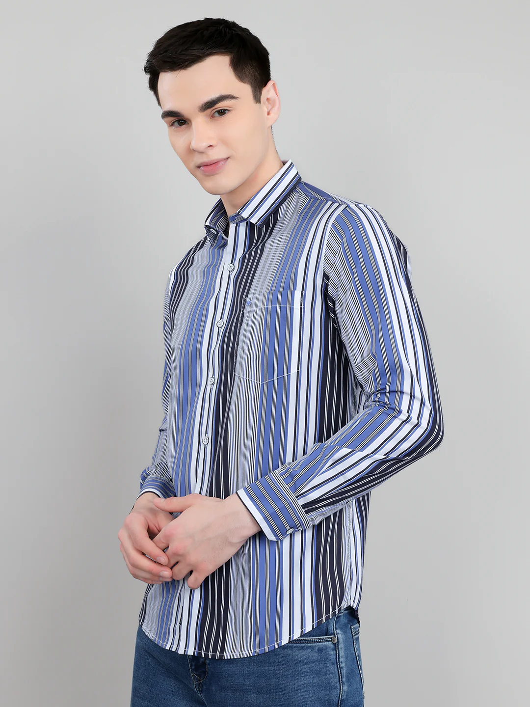Men Blue Stripe Collar Full Sleeve Shirt - Image 2