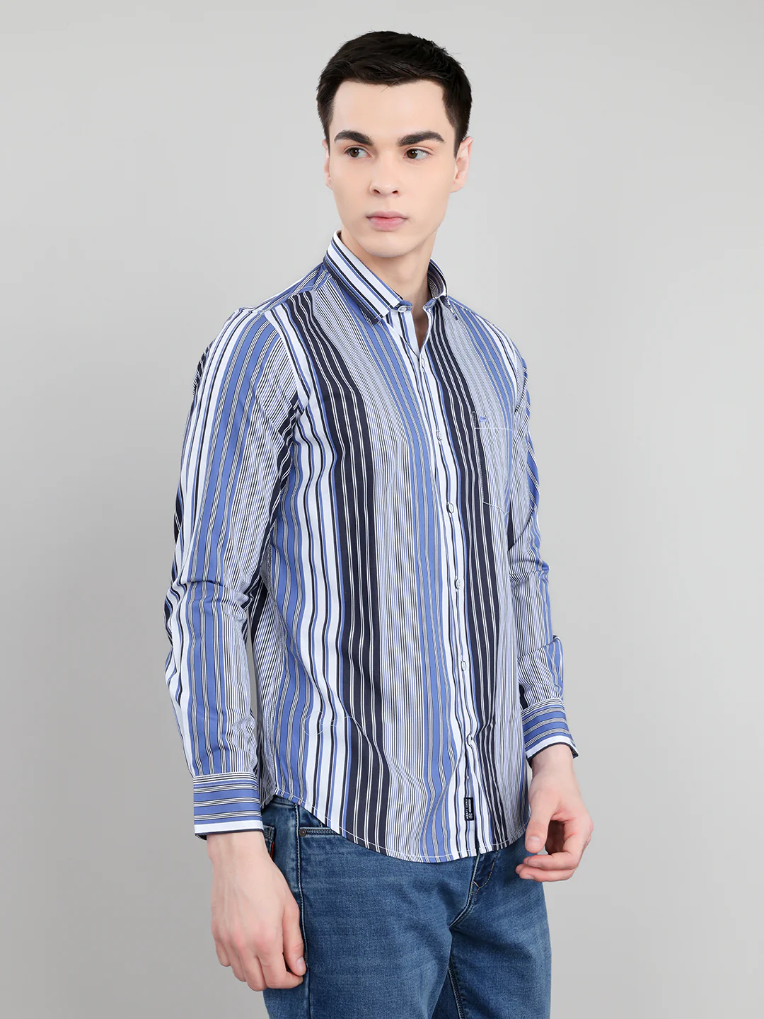 Men Blue Stripe Collar Full Sleeve Shirt - Image 3