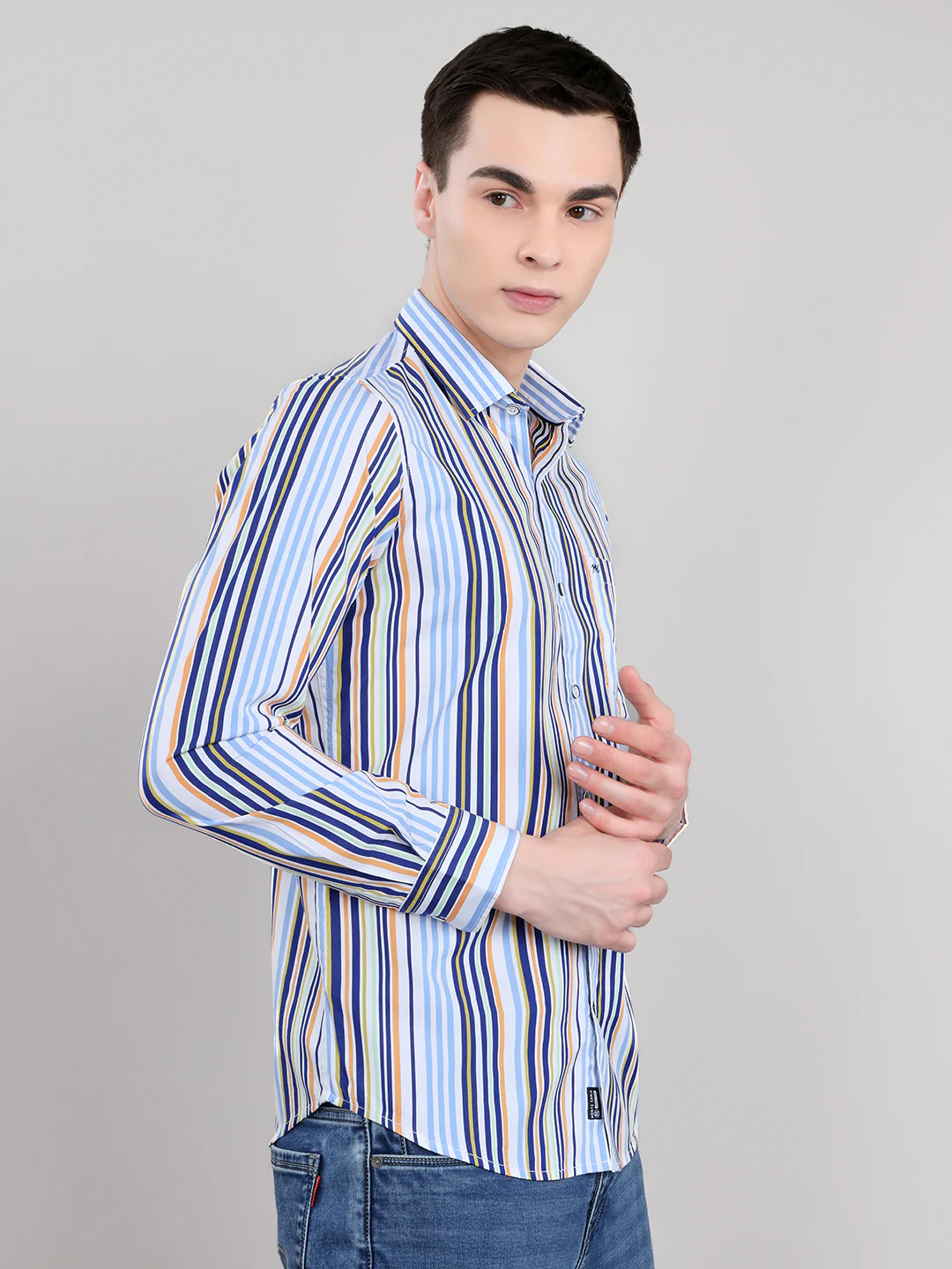 Men Blue Stripe Collar Full Sleeve Shirt - Image 3
