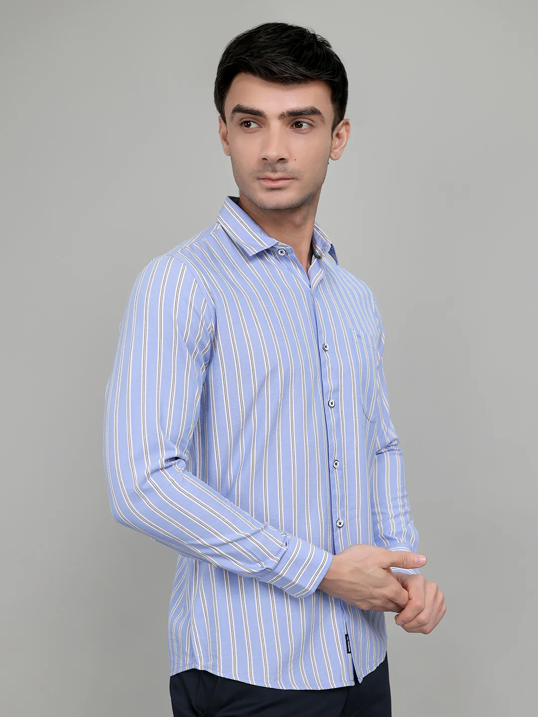Men Blue Stripe Collar Full Sleeve Shirt - Image 3