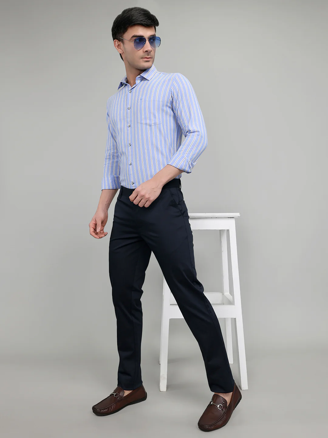 Men Blue Stripe Collar Full Sleeve Shirt - Image 6