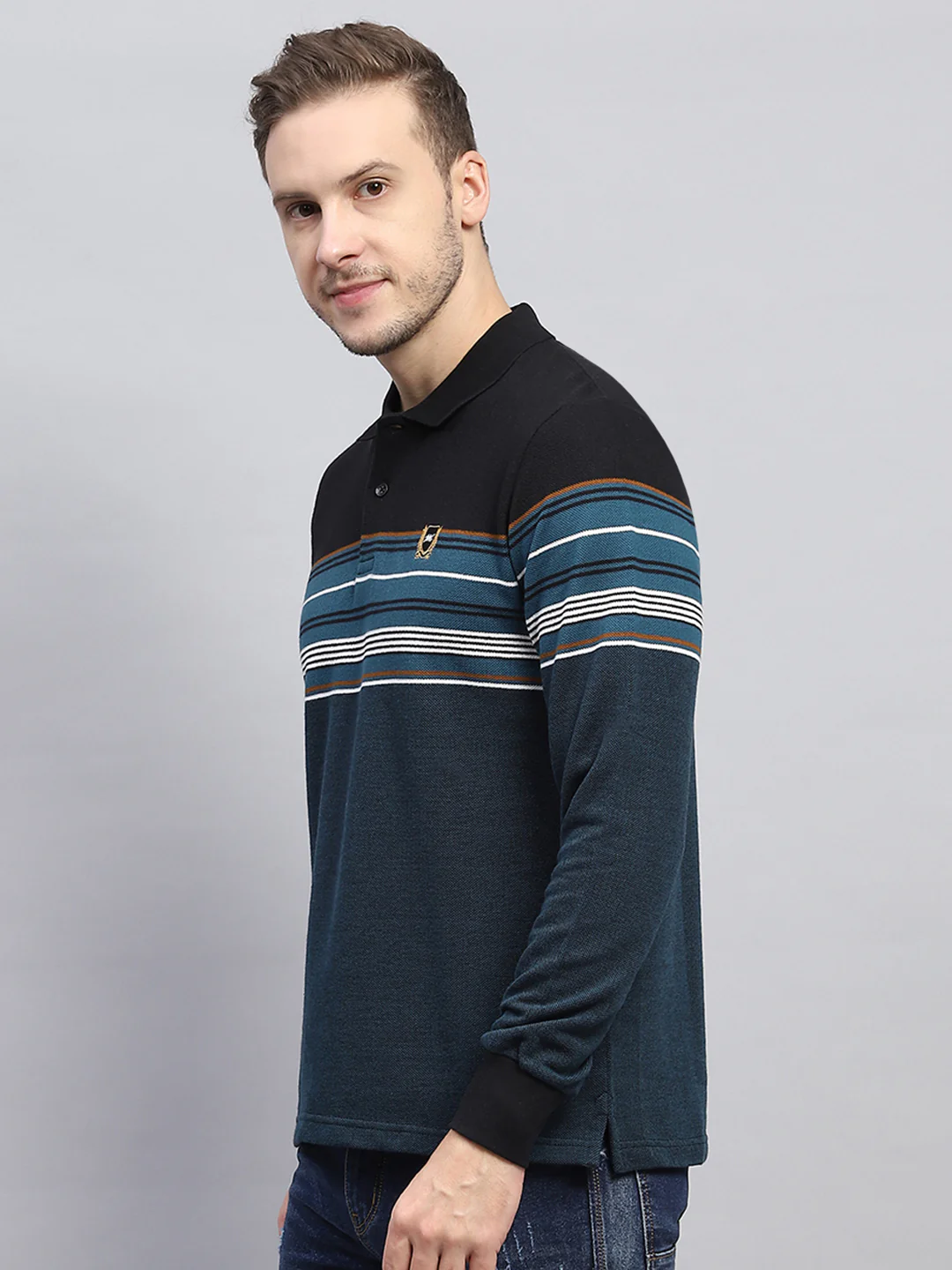 Men Blue Stripe Collar Full Sleeve Winter T-Shirt - Image 3