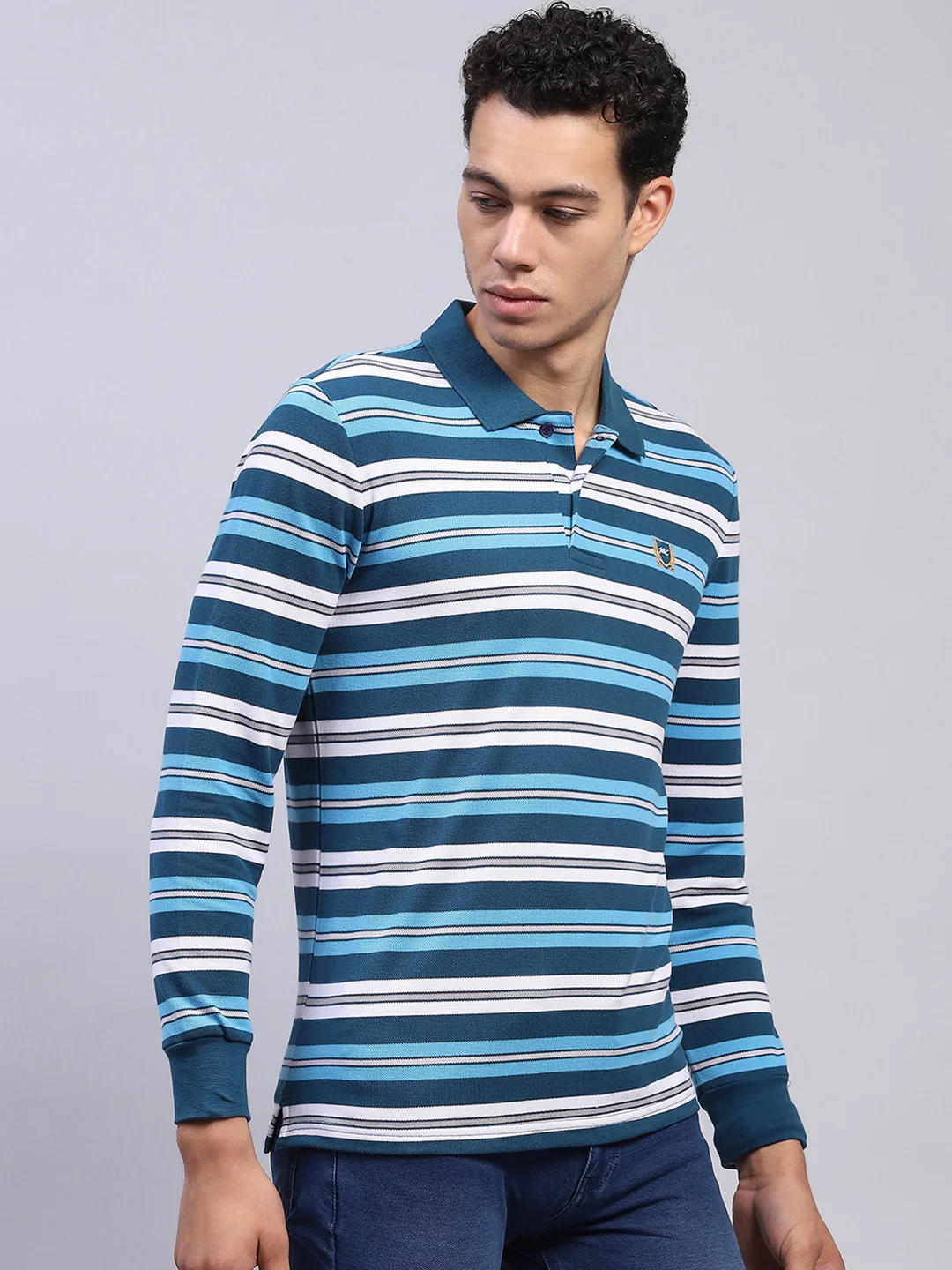 Men Blue Stripe Collar Full Sleeve Winter T-Shirt - Image 4