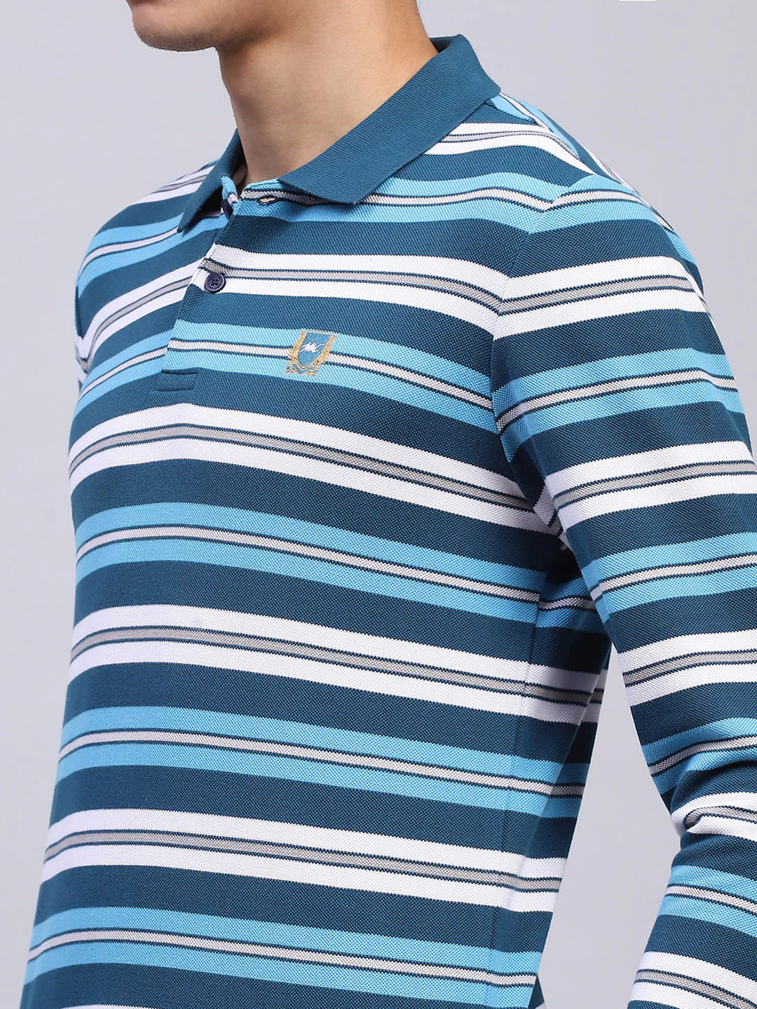 Men Blue Stripe Collar Full Sleeve Winter T-Shirt - Image 6