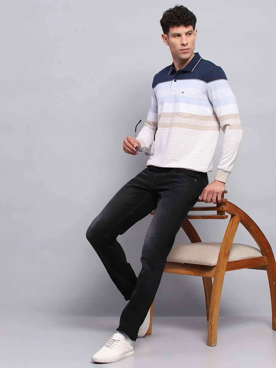 Men Blue Stripe Collar Full Sleeve Winter T-Shirt - Image 2