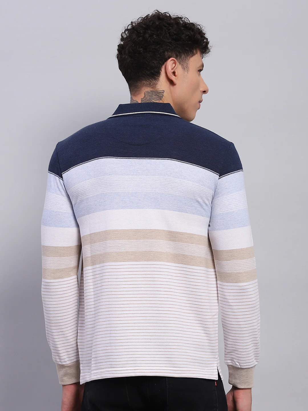 Men Blue Stripe Collar Full Sleeve Winter T-Shirt - Image 5