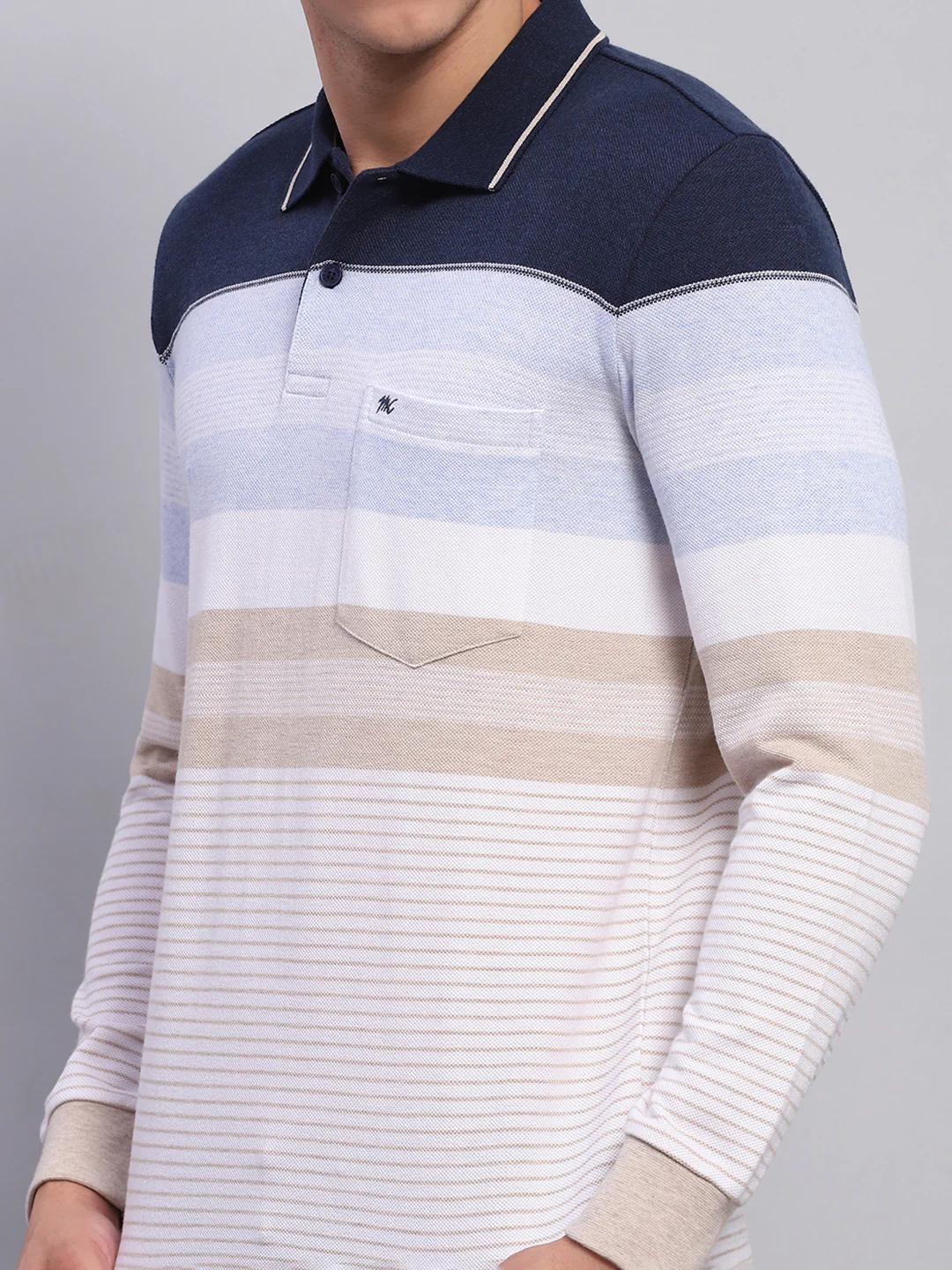 Men Blue Stripe Collar Full Sleeve Winter T-Shirt - Image 6