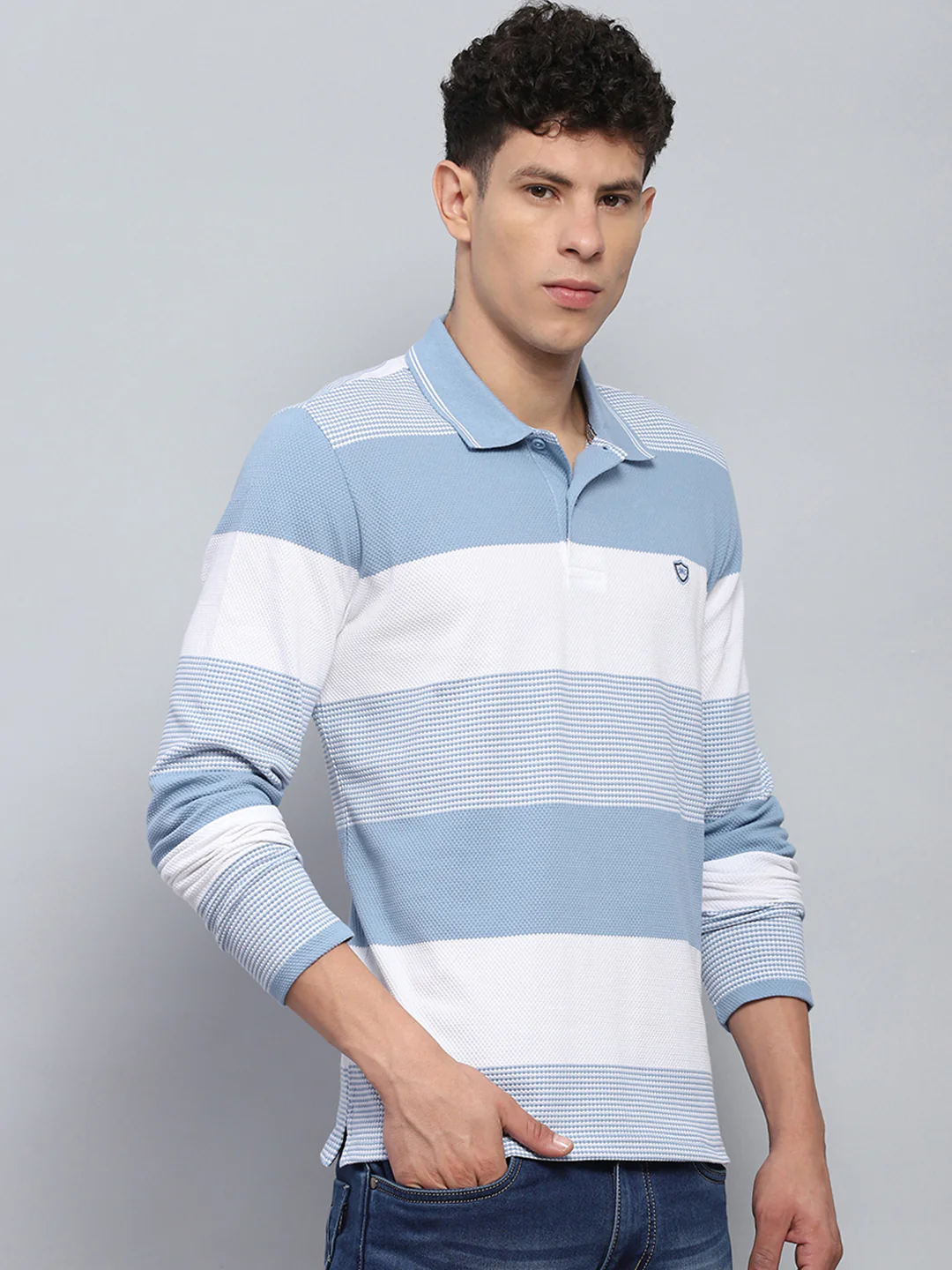 Men Blue Stripe Collar Full Sleeve Winter T-Shirt - Image 4