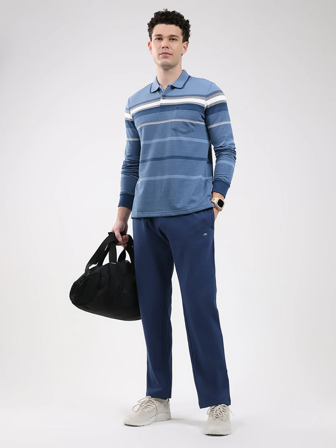 Men Blue Stripe Collar Full Sleeve Winter T-Shirt - Image 2