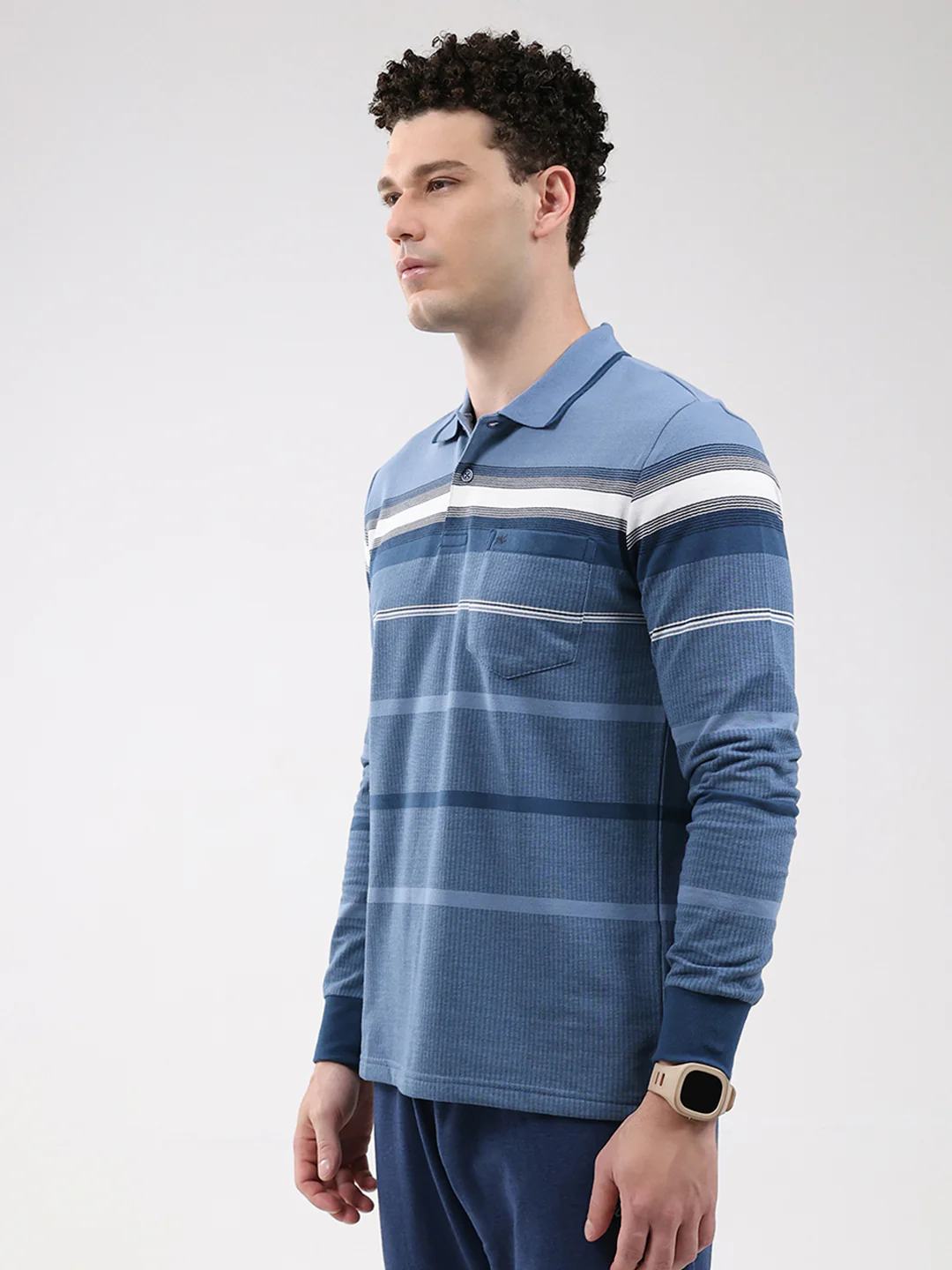 Men Blue Stripe Collar Full Sleeve Winter T-Shirt - Image 3