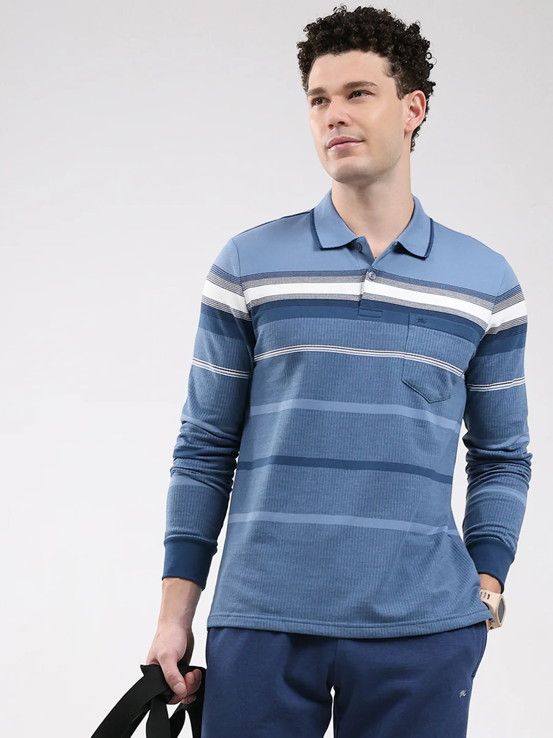 Men Blue Stripe Collar Full Sleeve Winter T-Shirt - Image 6