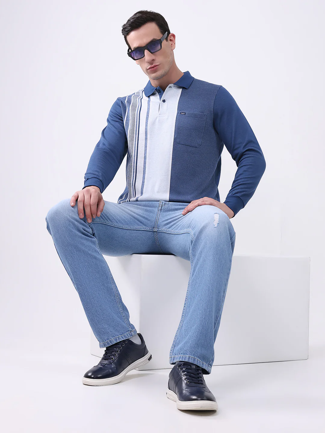 Men Blue Stripe Collar Full Sleeve Winter T-Shirt - Image 2