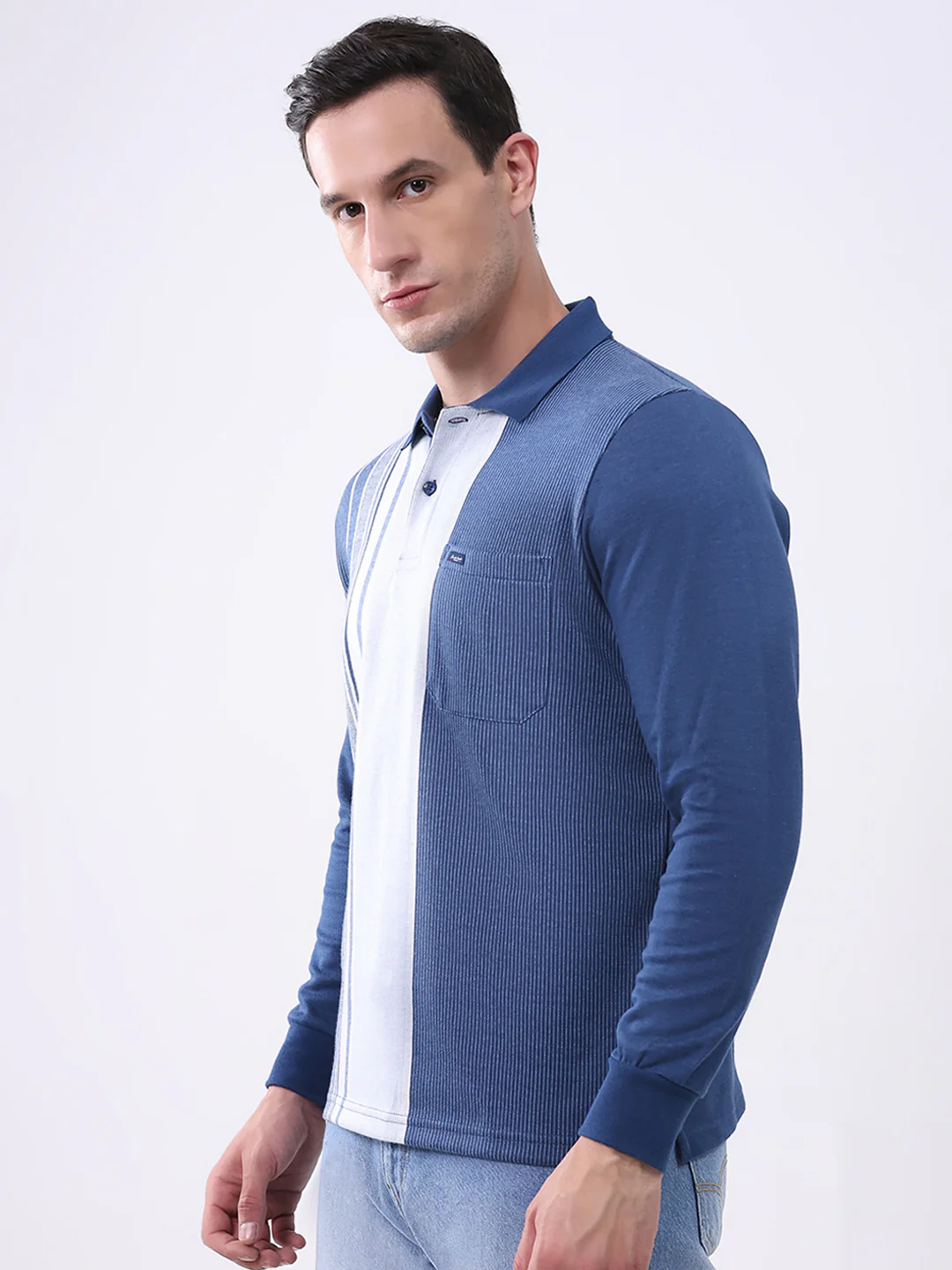 Men Blue Stripe Collar Full Sleeve Winter T-Shirt - Image 3