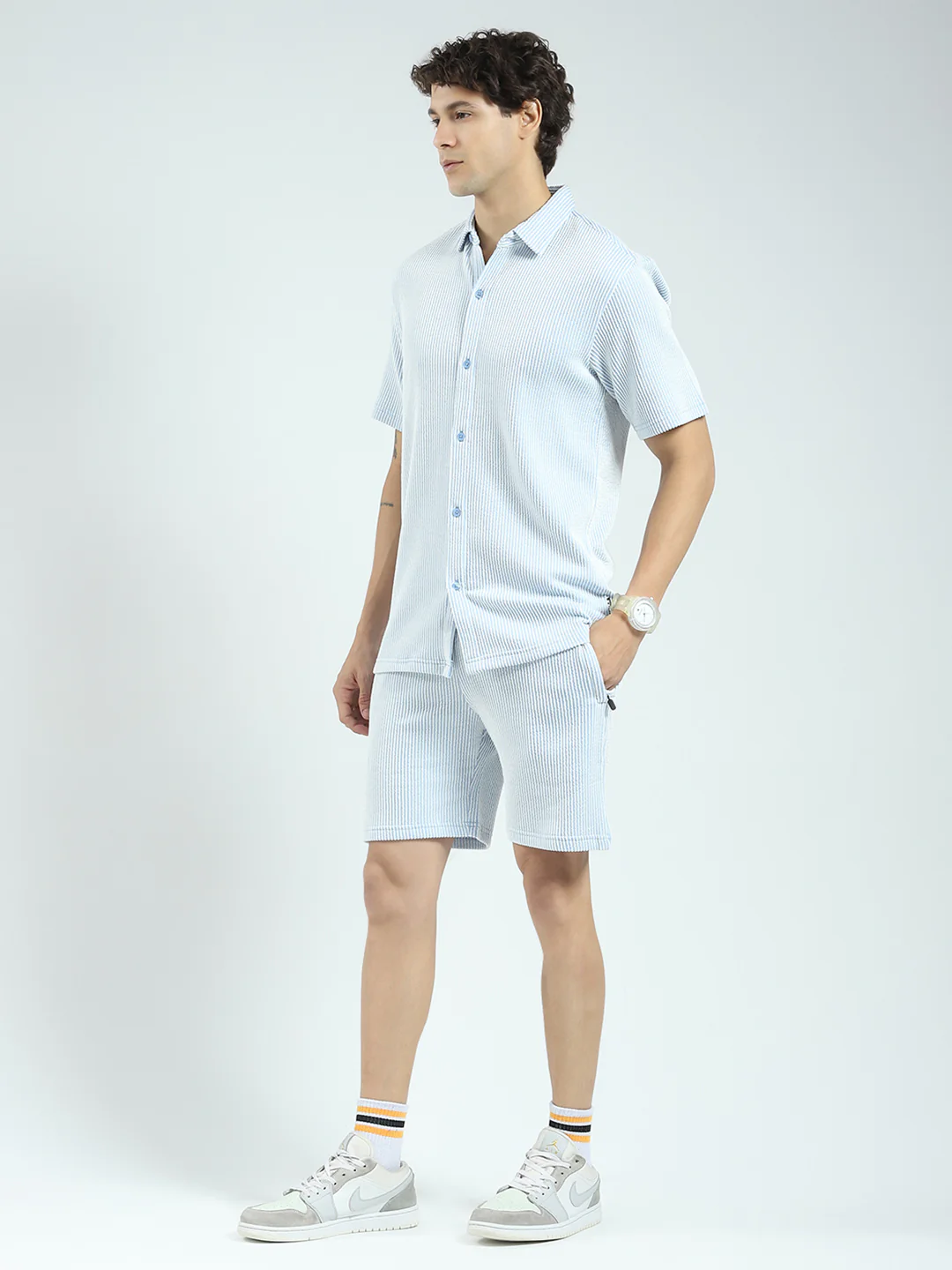 Rock.it Men Blue Stripe Collar Half Sleeve Cords Set - Image 3