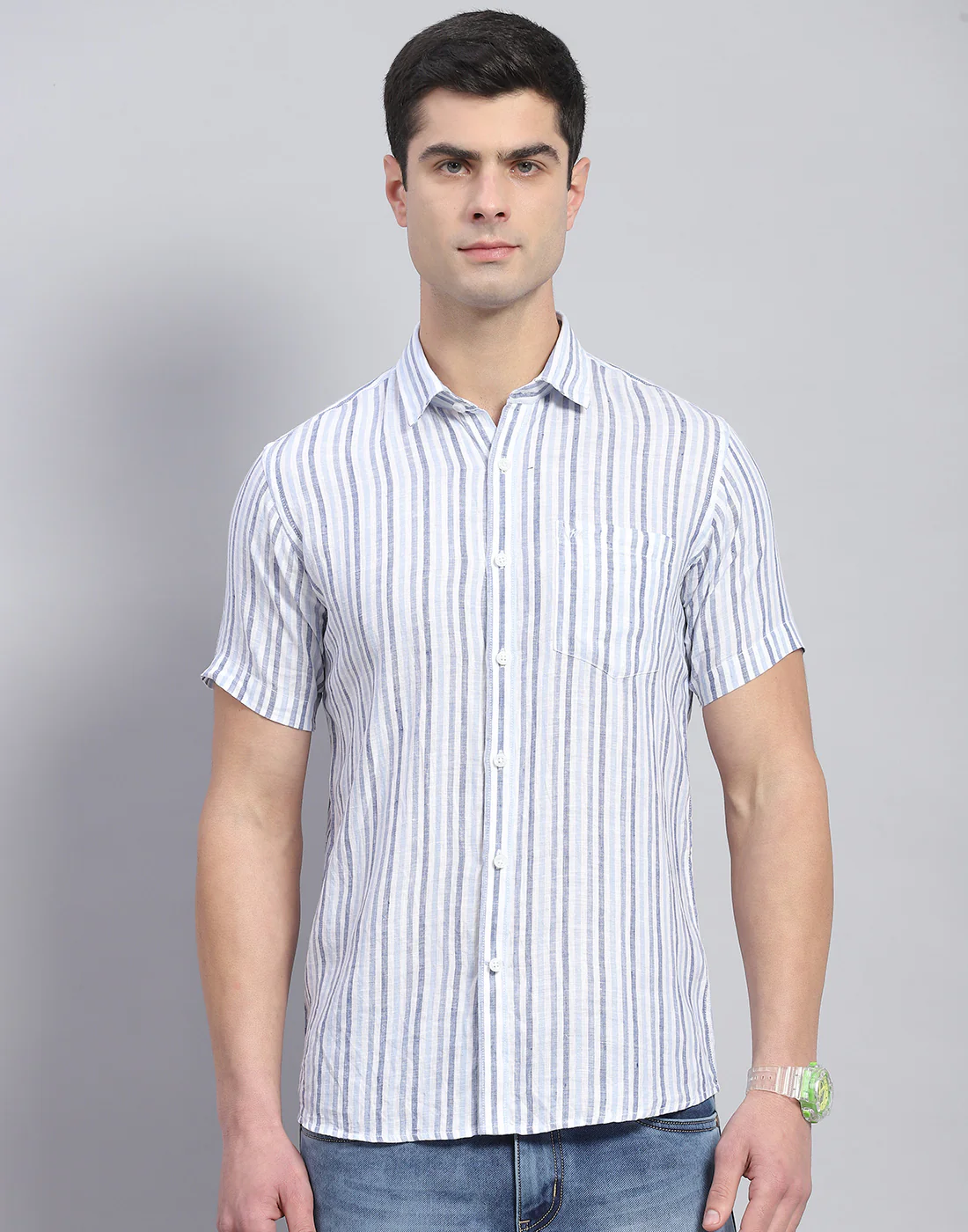 Men Blue Stripe Collar Half Sleeve Linen Shirt - Image 3