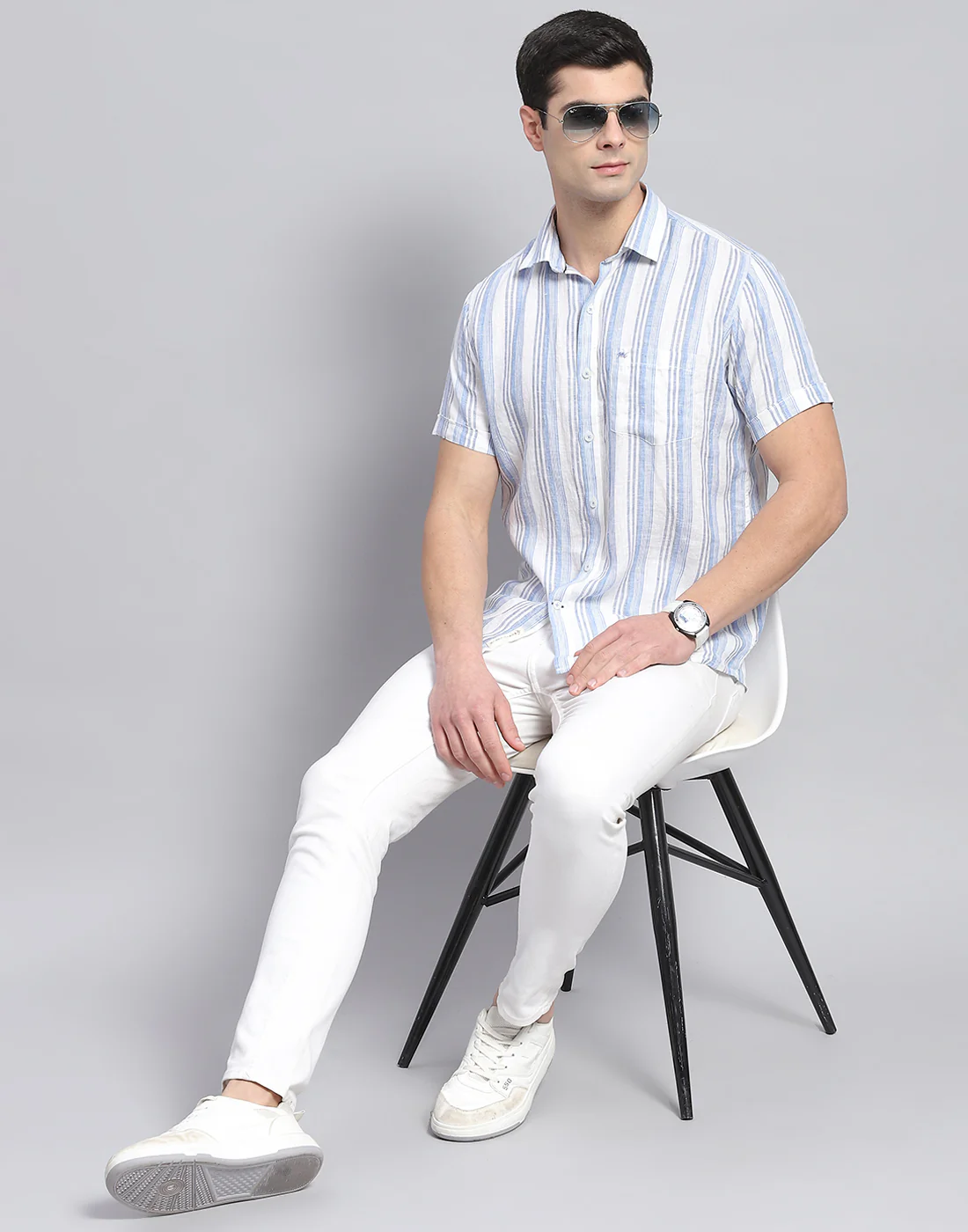 Men Blue Stripe Collar Half Sleeve Linen Shirt - Image 2