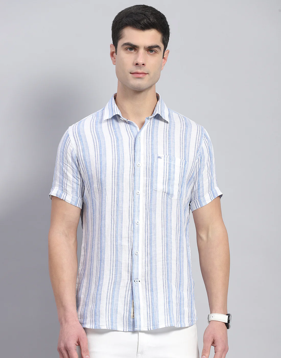 Men Blue Stripe Collar Half Sleeve Linen Shirt - Image 3