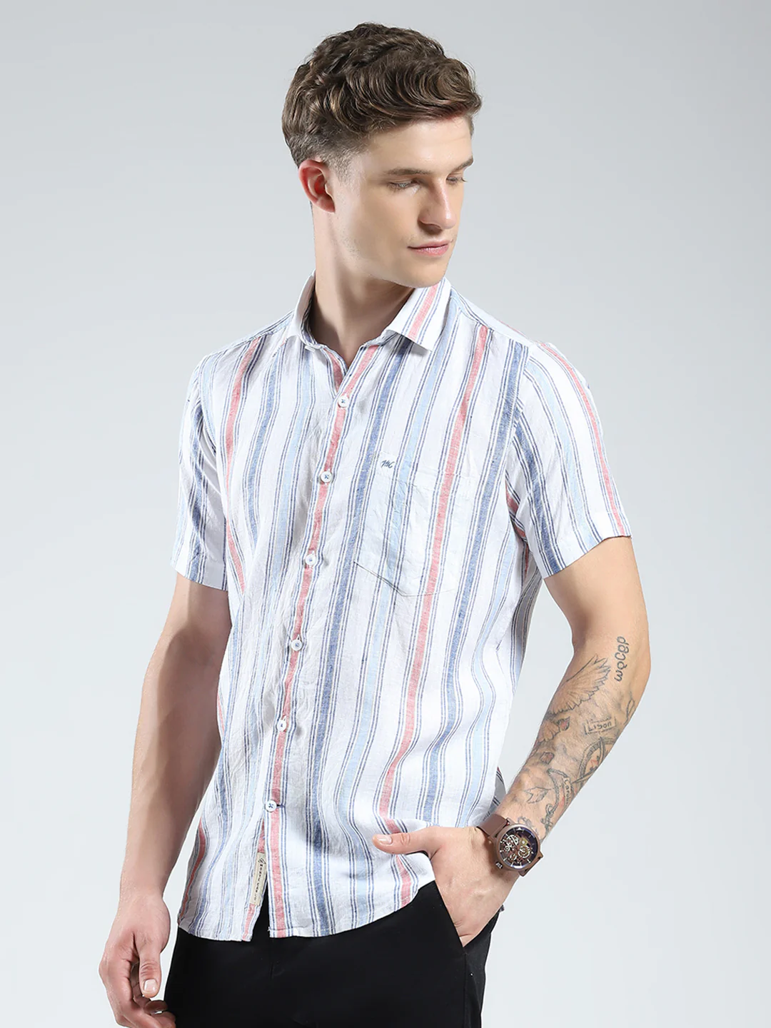 Men Blue Stripe Collar Half Sleeve Linen Shirt - Image 3