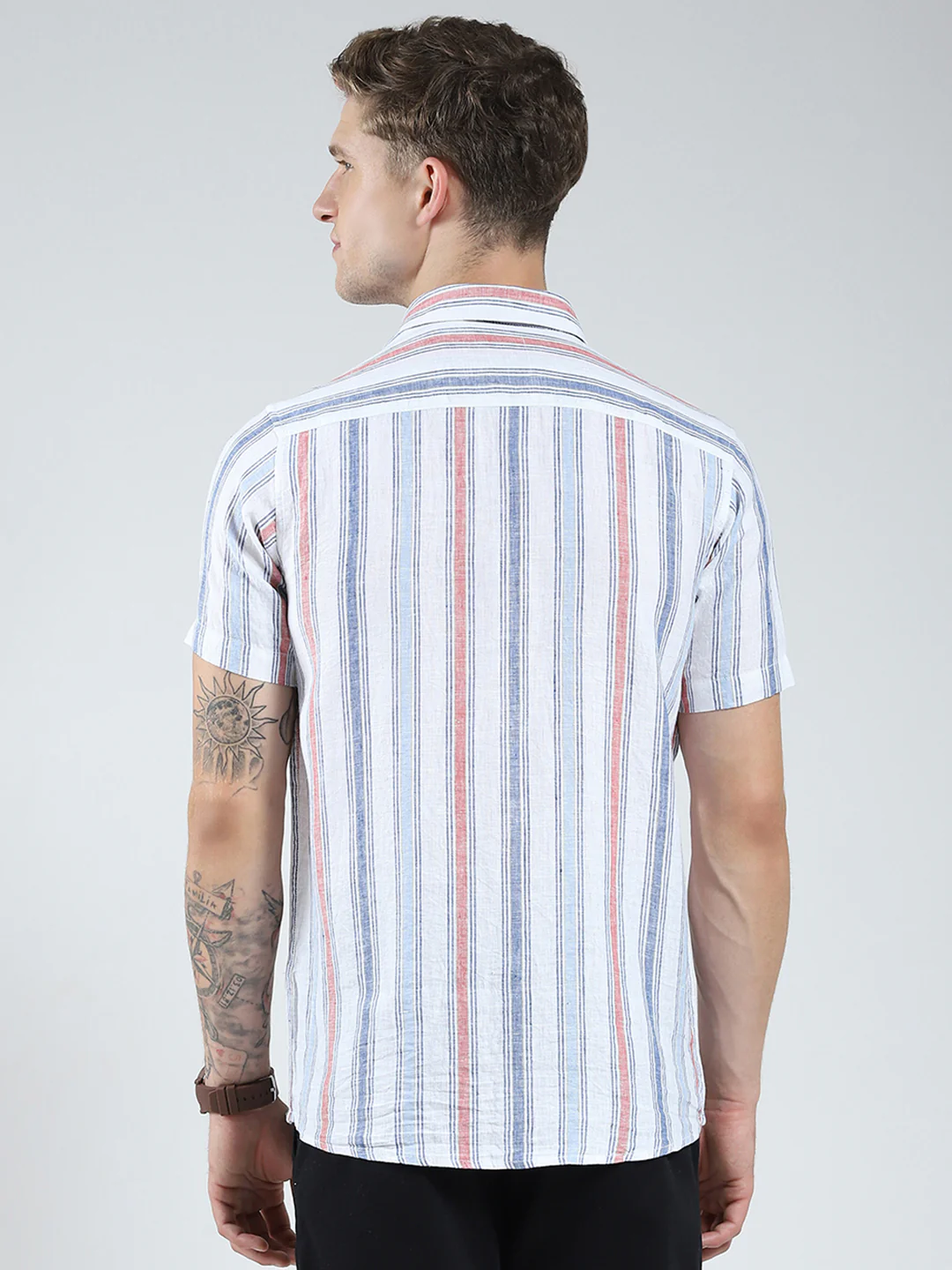 Men Blue Stripe Collar Half Sleeve Linen Shirt - Image 5
