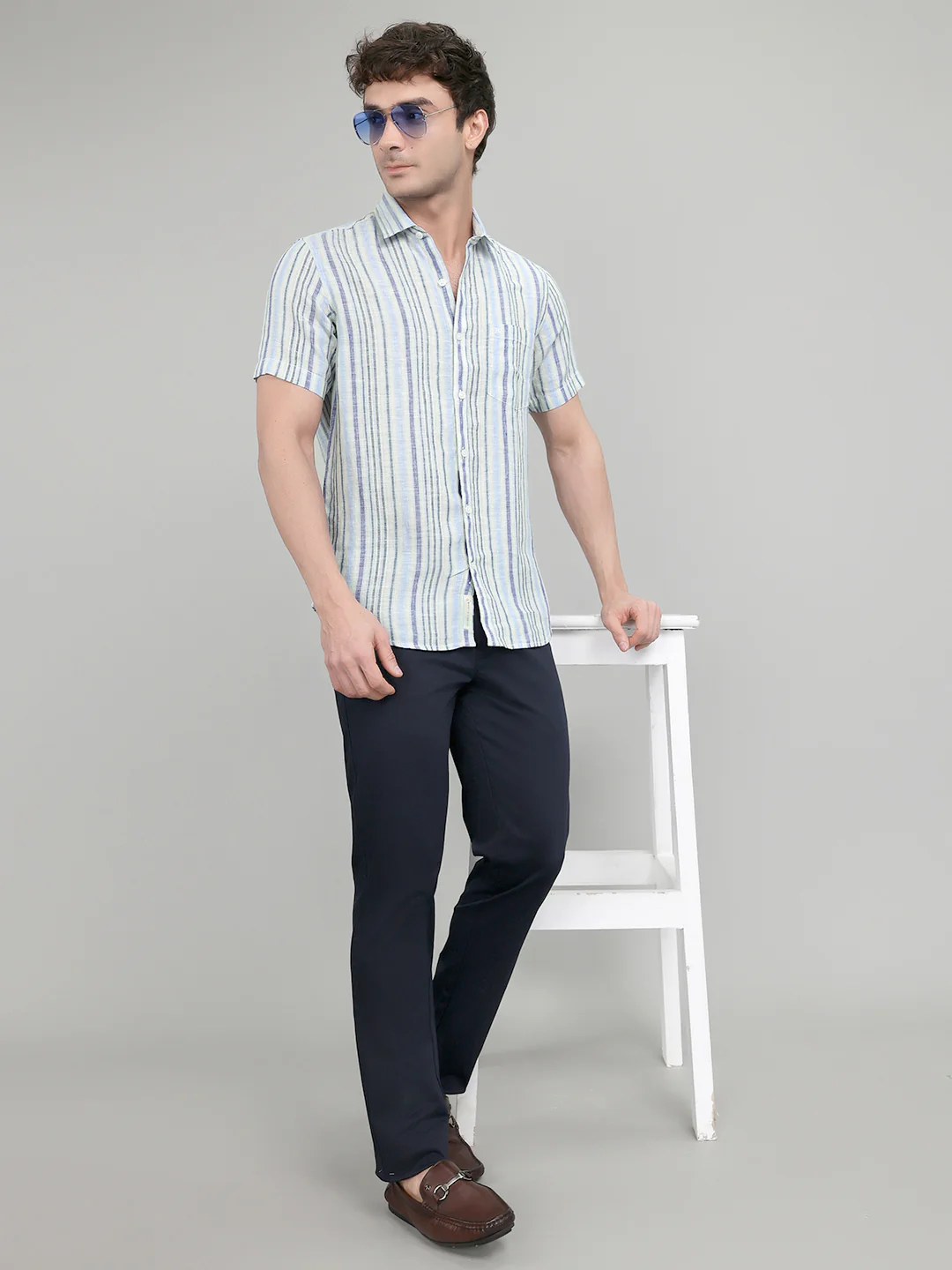 Men Blue Stripe Collar Half Sleeve Shirt - Image 6