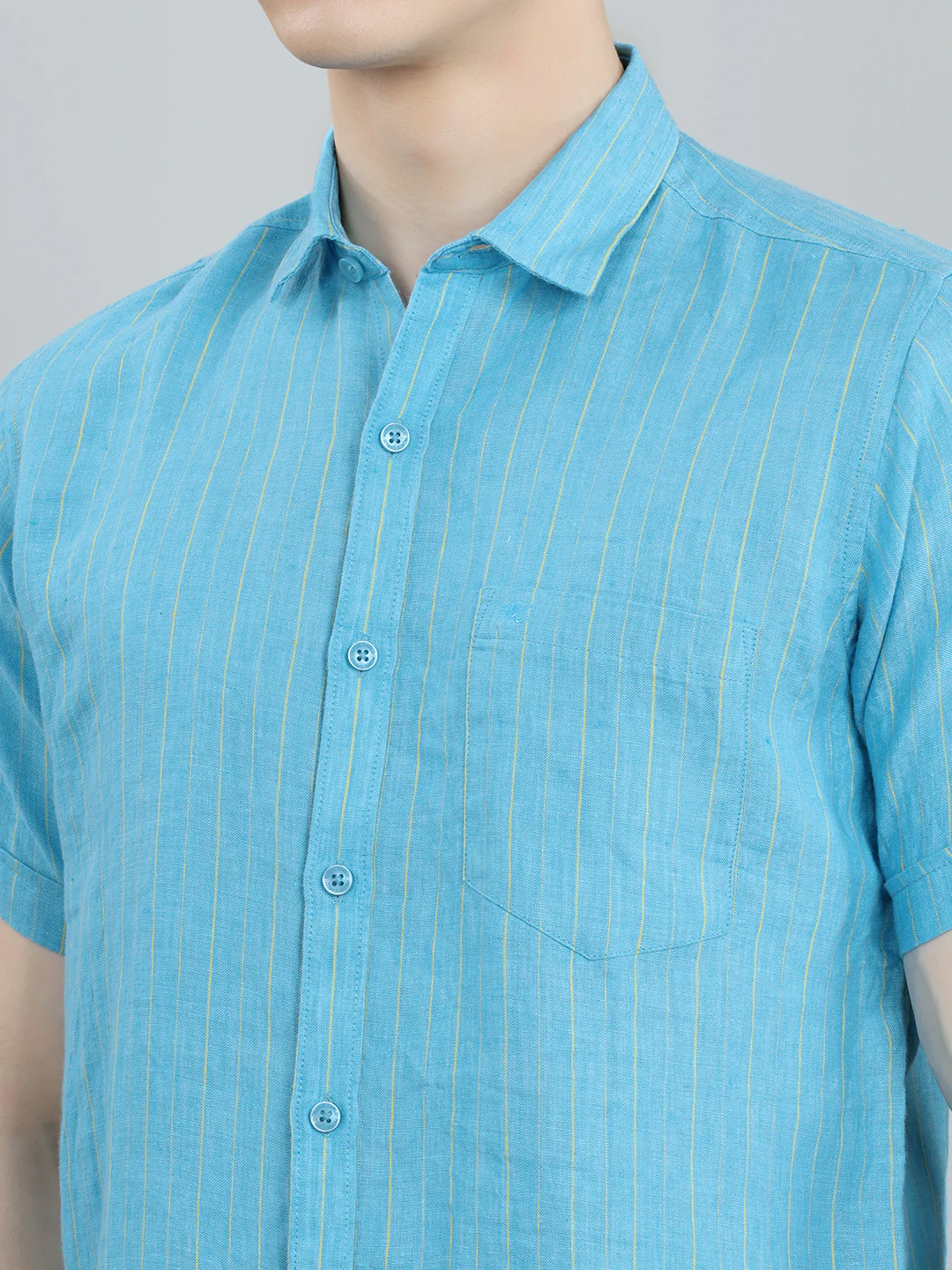 Men Blue Stripe Collar Half Sleeve Shirt - Image 4