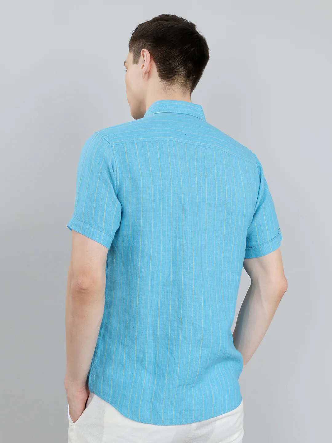 Men Blue Stripe Collar Half Sleeve Shirt - Image 5
