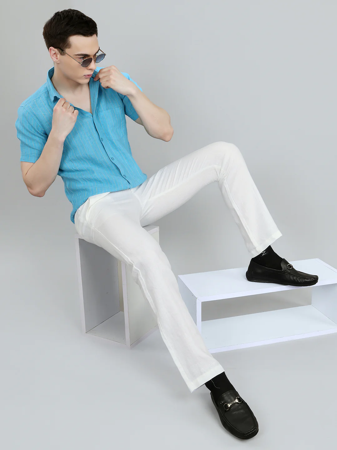 Men Blue Stripe Collar Half Sleeve Shirt - Image 6