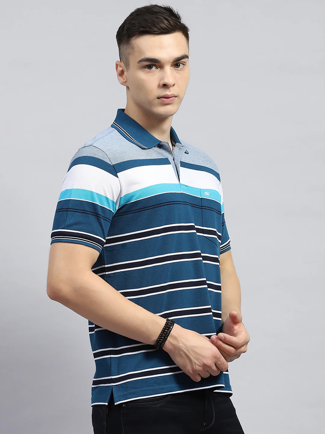 Men Blue Stripe Collar Half Sleeve T-Shirt - Image 4