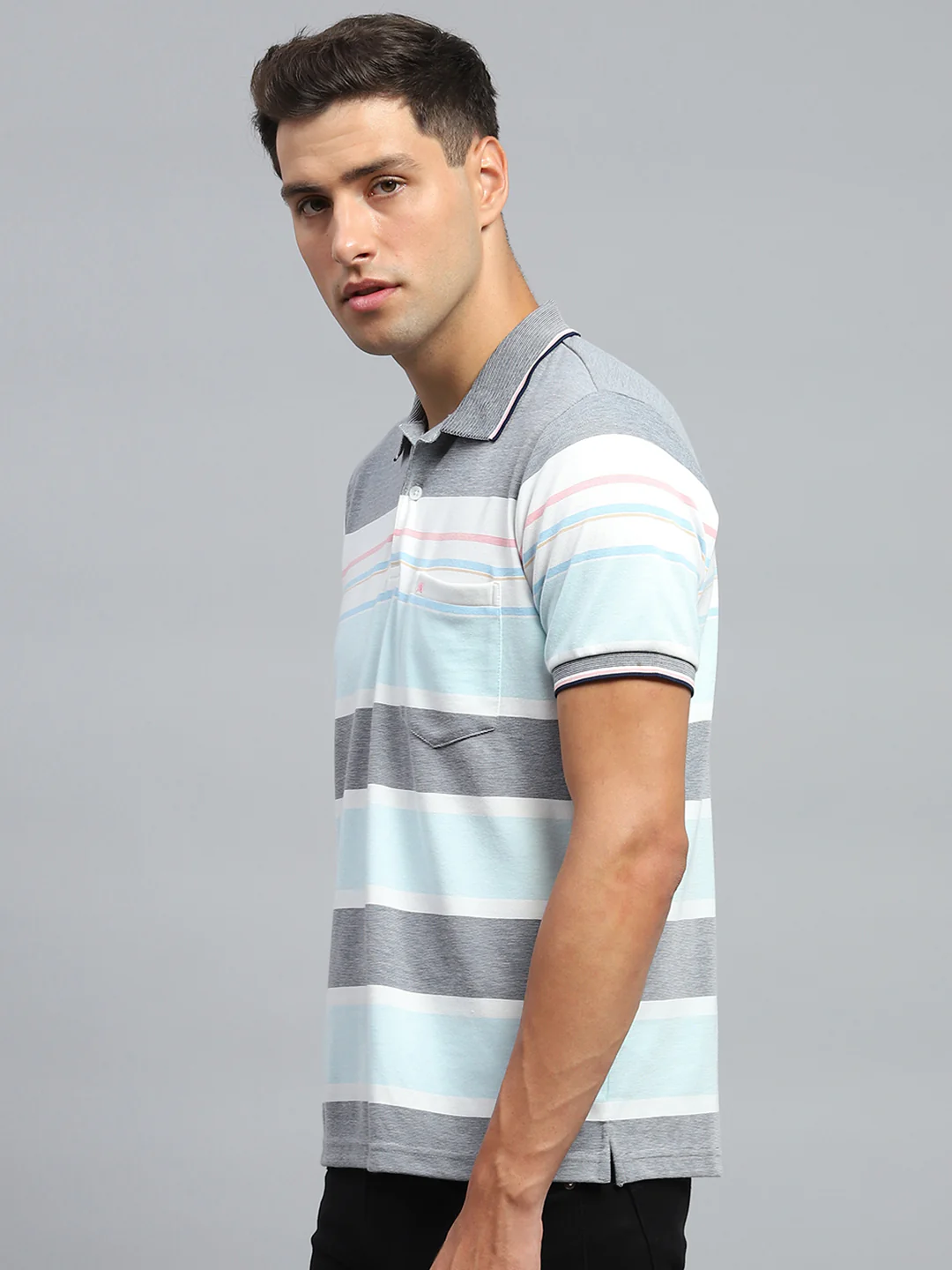 Men Blue Stripe Collar Half Sleeve T-Shirt - Image 3