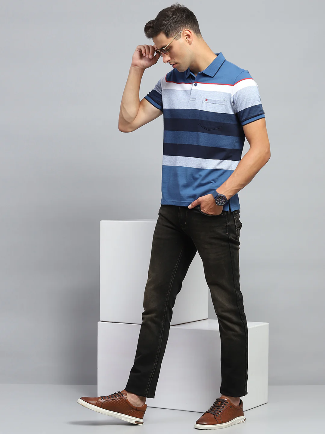 Men Blue Stripe Collar Half Sleeve T-Shirt - Image 2