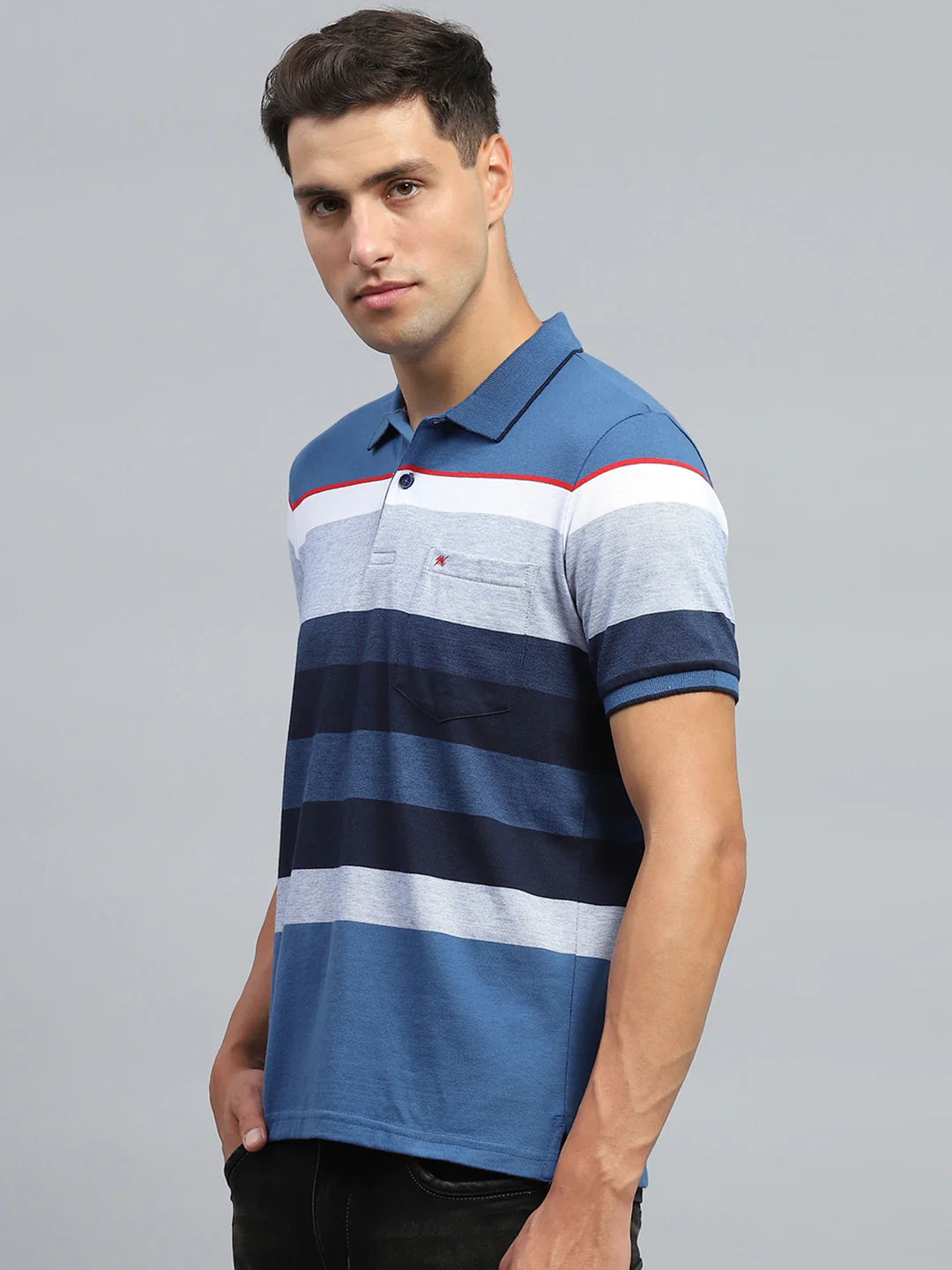 Men Blue Stripe Collar Half Sleeve T-Shirt - Image 3