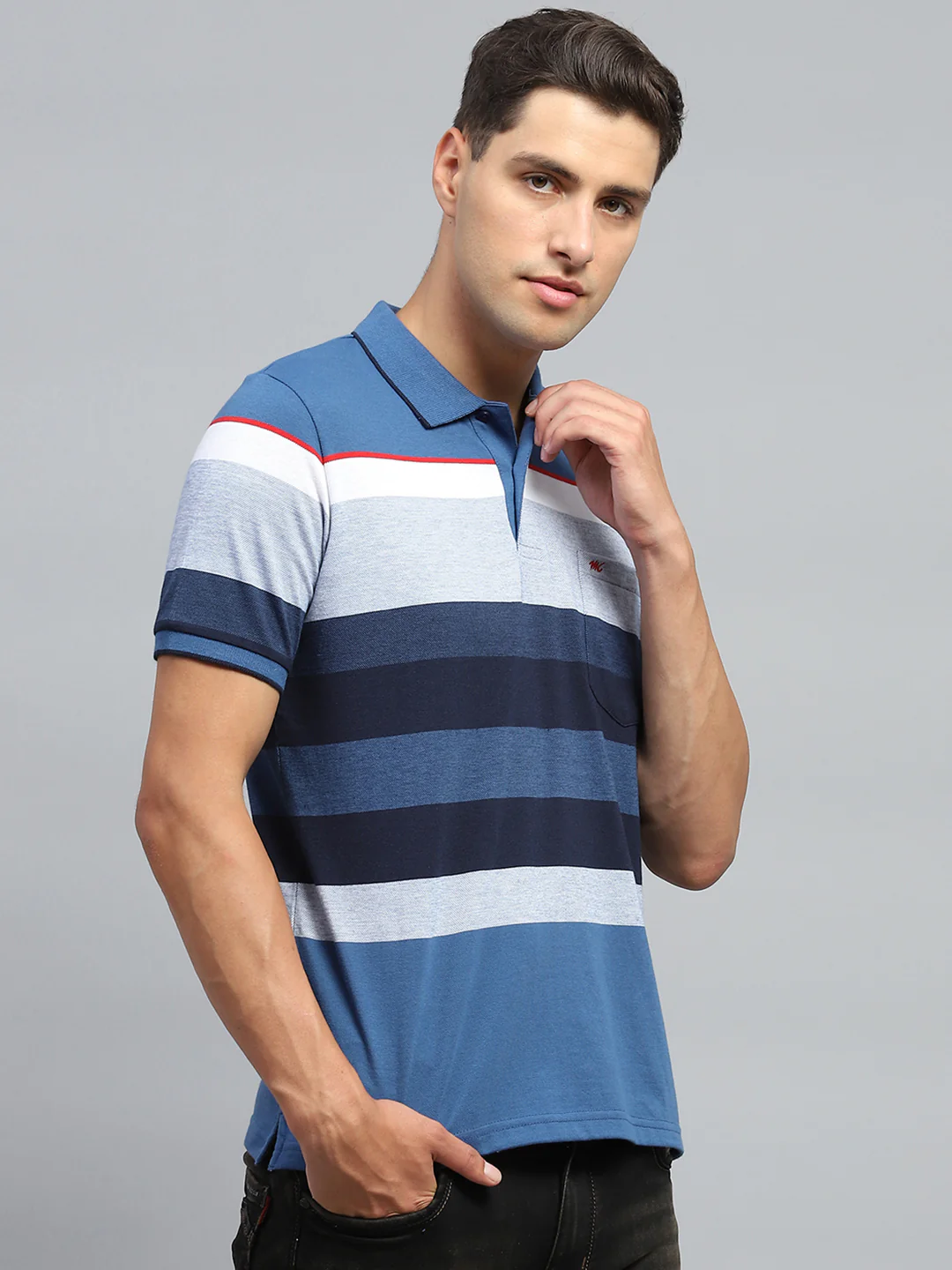 Men Blue Stripe Collar Half Sleeve T-Shirt - Image 4