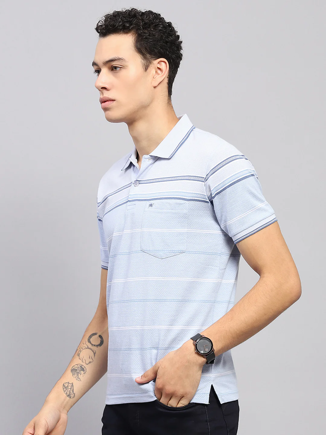 Men Blue Stripe Collar Half Sleeve T-Shirt - Image 3