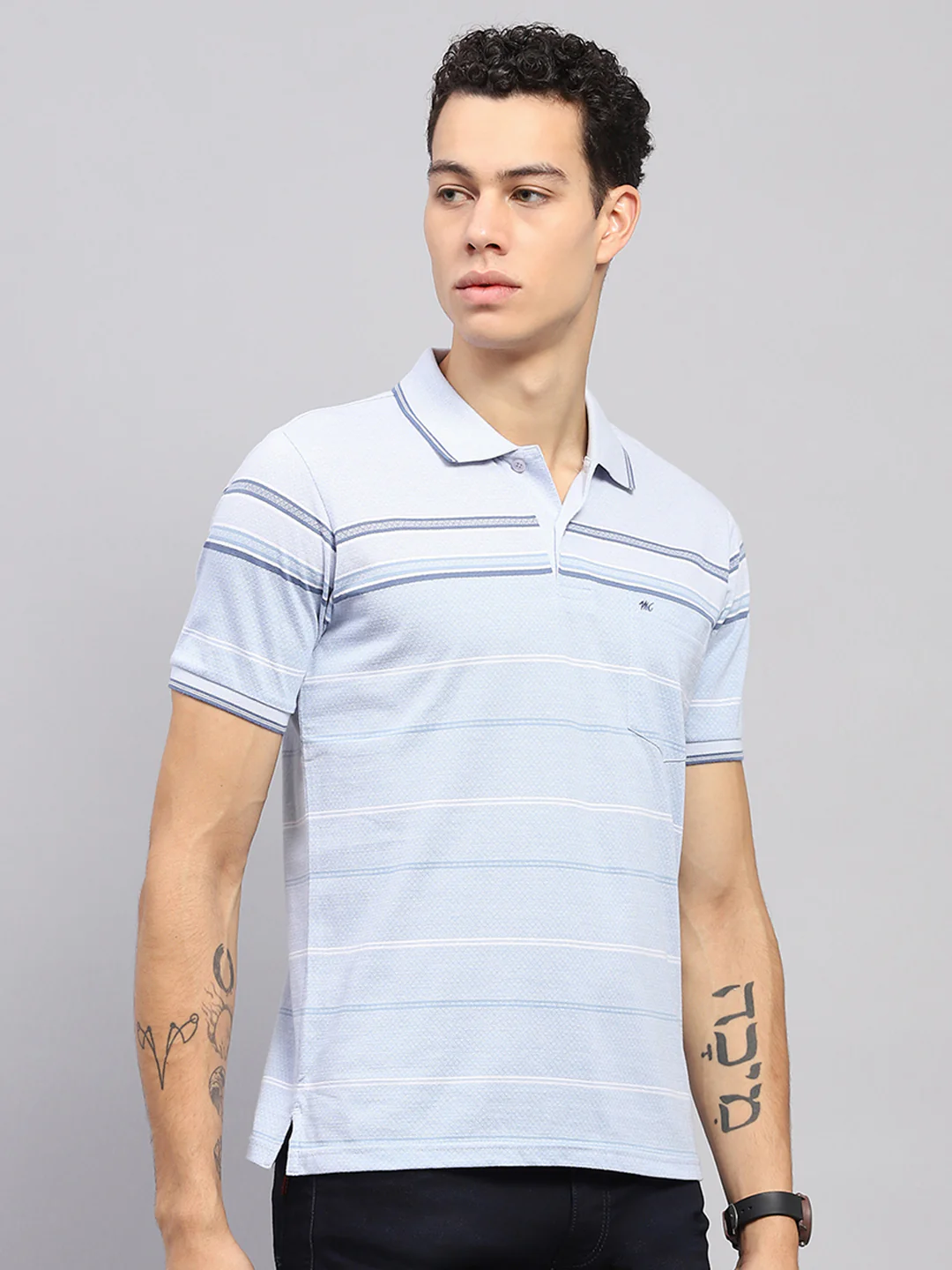 Men Blue Stripe Collar Half Sleeve T-Shirt - Image 4