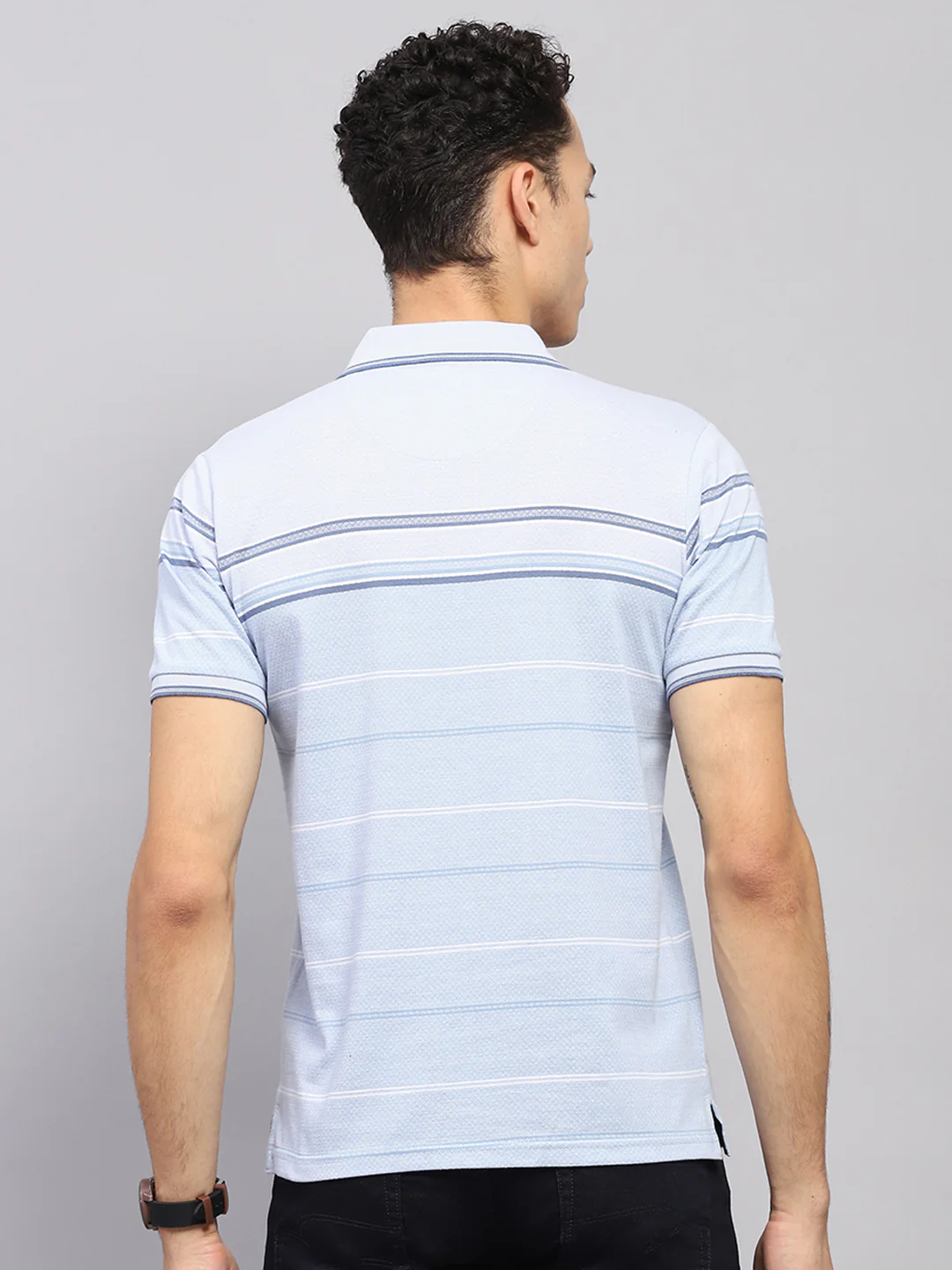 Men Blue Stripe Collar Half Sleeve T-Shirt - Image 5