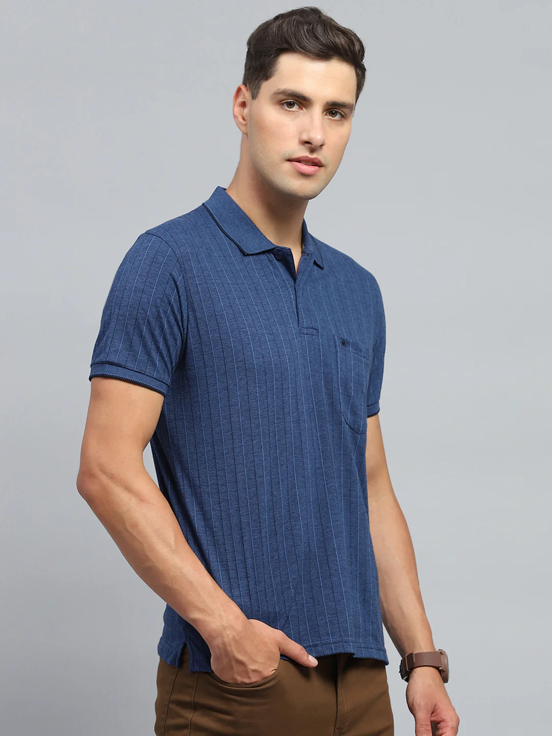 Men Blue Stripe Collar Half Sleeve T-Shirt - Image 4