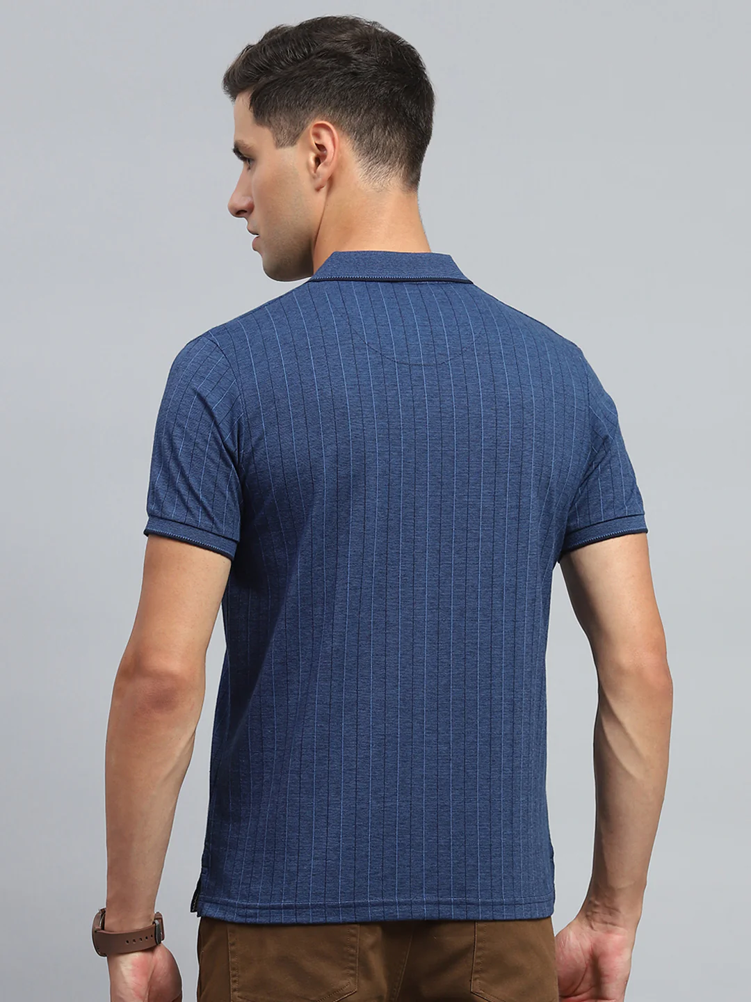 Men Blue Stripe Collar Half Sleeve T-Shirt - Image 5