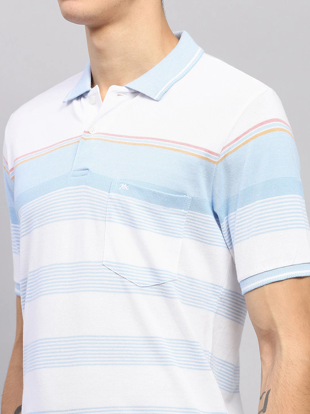 Men Blue Stripe Collar Half Sleeve T-Shirt - Image 6