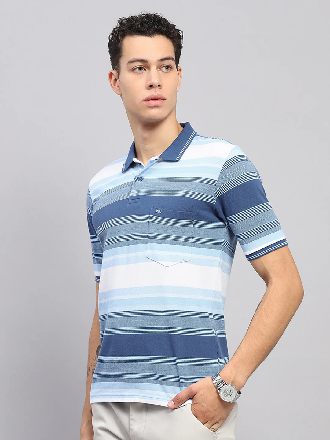 Men Blue Stripe Collar Half Sleeve T-Shirt - Image 3