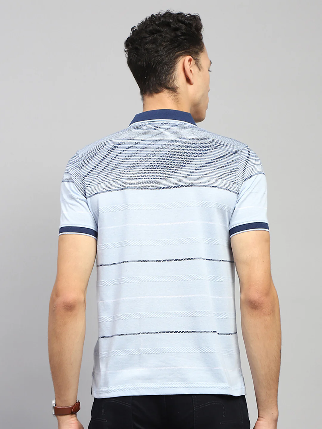 Men Blue Stripe Collar Half Sleeve T-Shirt - Image 5