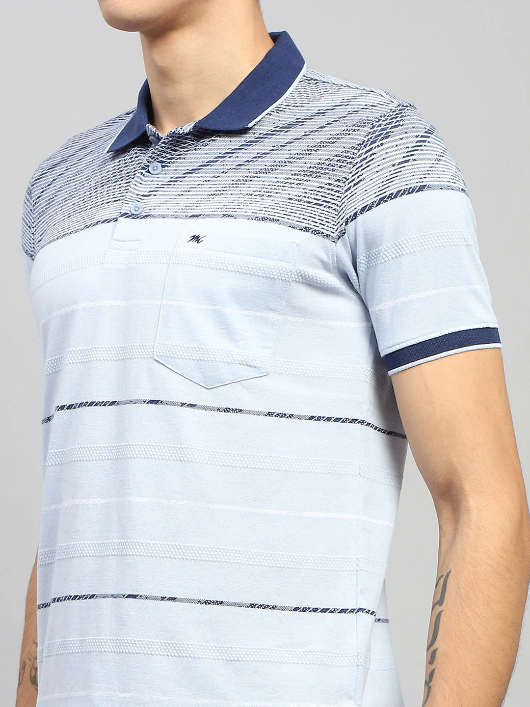 Men Blue Stripe Collar Half Sleeve T-Shirt - Image 6