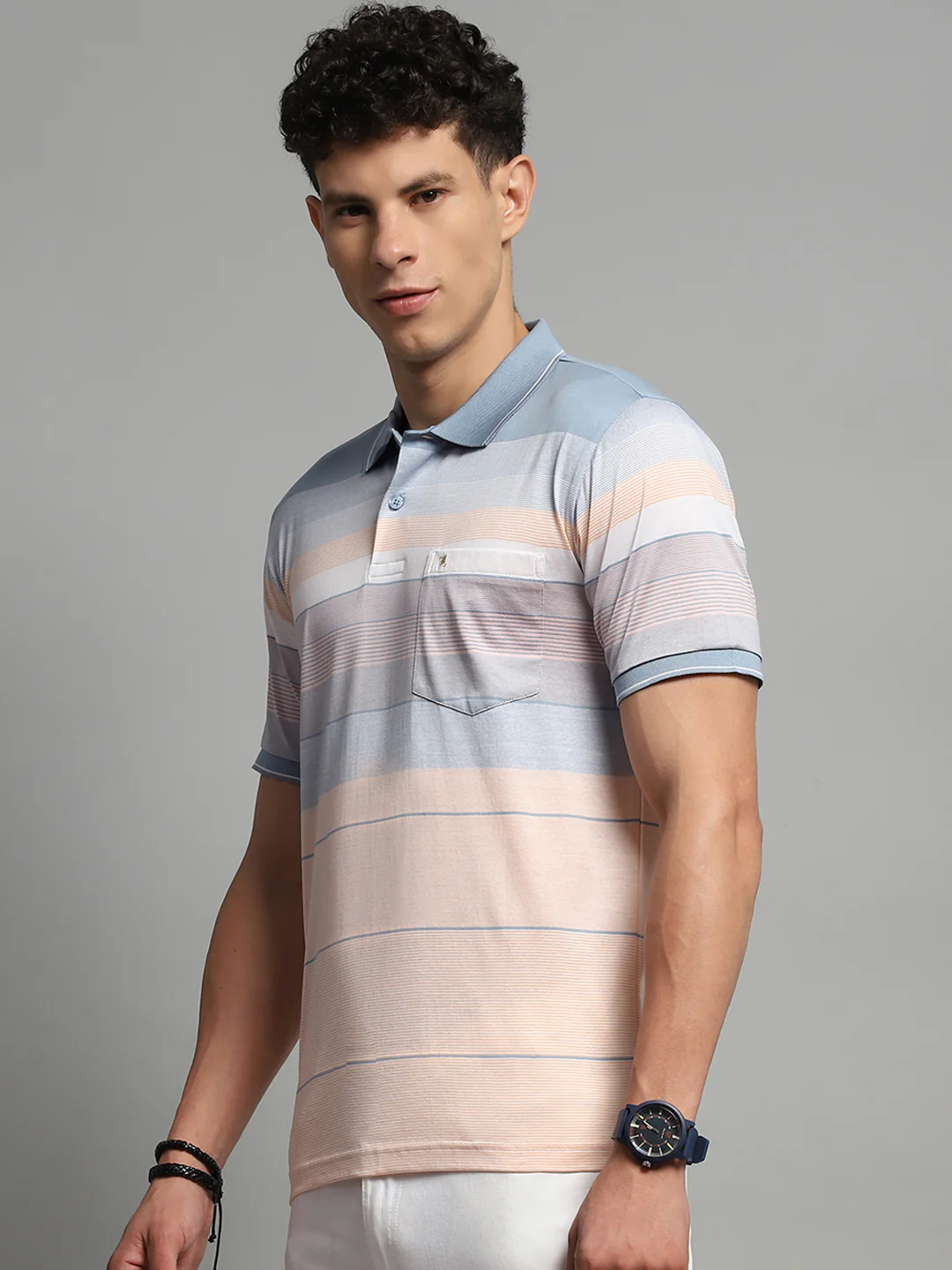 Luxuria Men Blue Stripe Collar Half Sleeve T-Shirt - Image 3