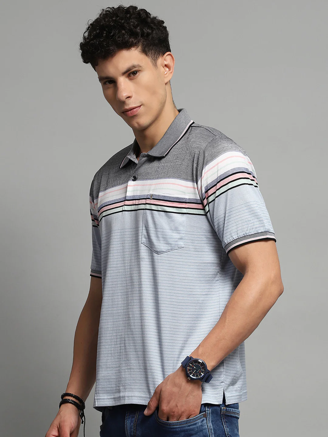 Luxuria Men Blue Stripe Collar Half Sleeve T-Shirt - Image 3