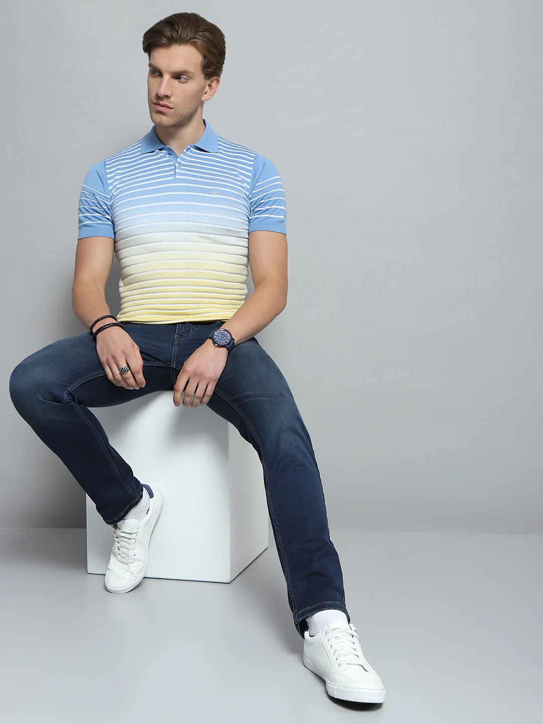 Men Blue Stripe Collar Half Sleeve T-Shirt - Image 2