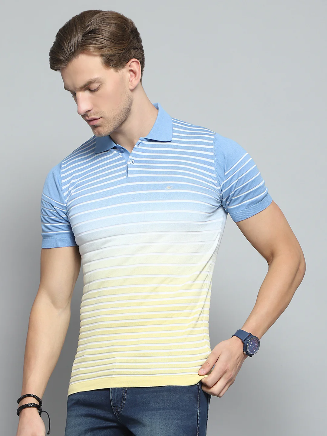 Men Blue Stripe Collar Half Sleeve T-Shirt - Image 3
