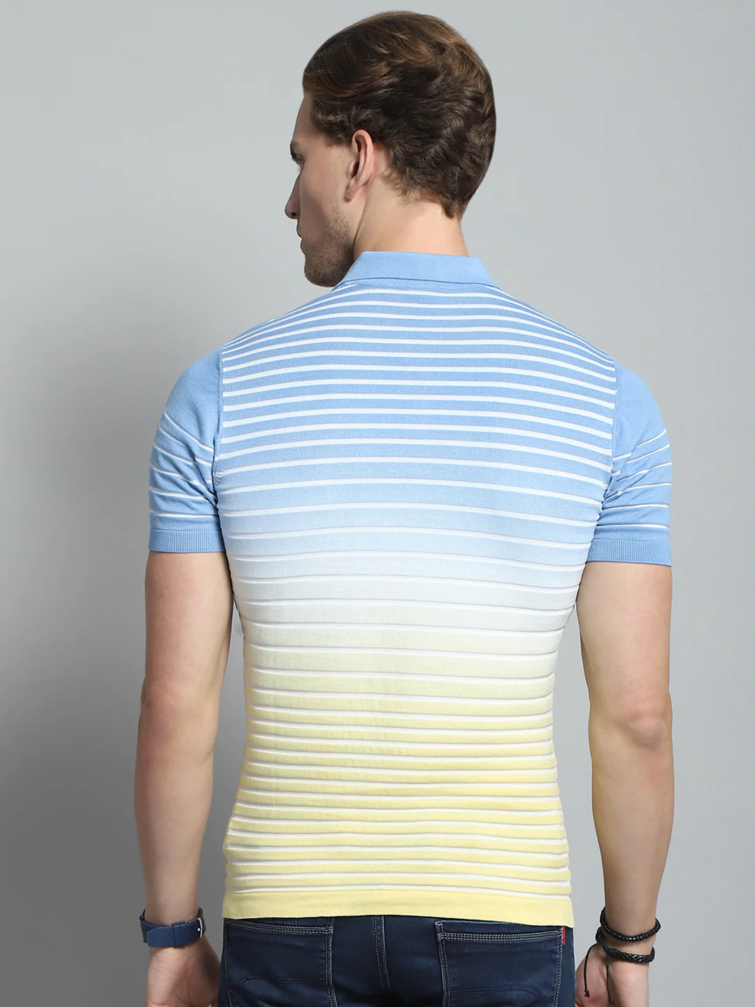 Men Blue Stripe Collar Half Sleeve T-Shirt - Image 5