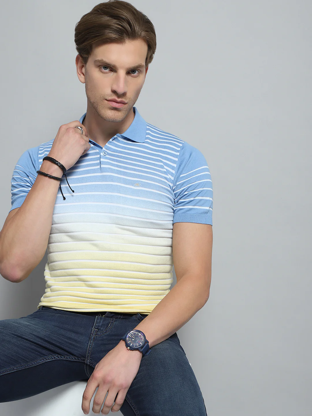Men Blue Stripe Collar Half Sleeve T-Shirt - Image 6