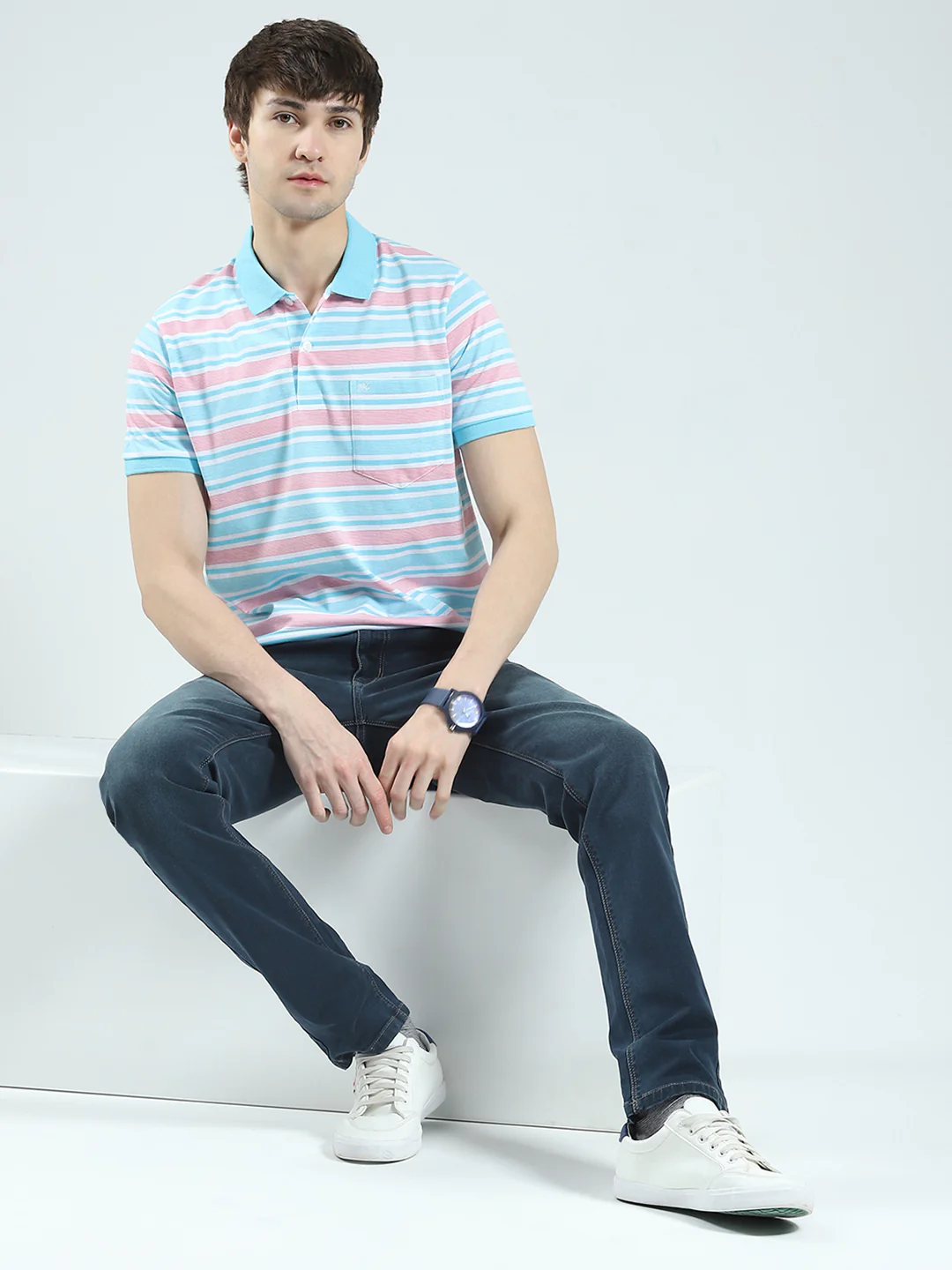 Men Blue Stripe Collar Half Sleeve T-Shirt - Image 2