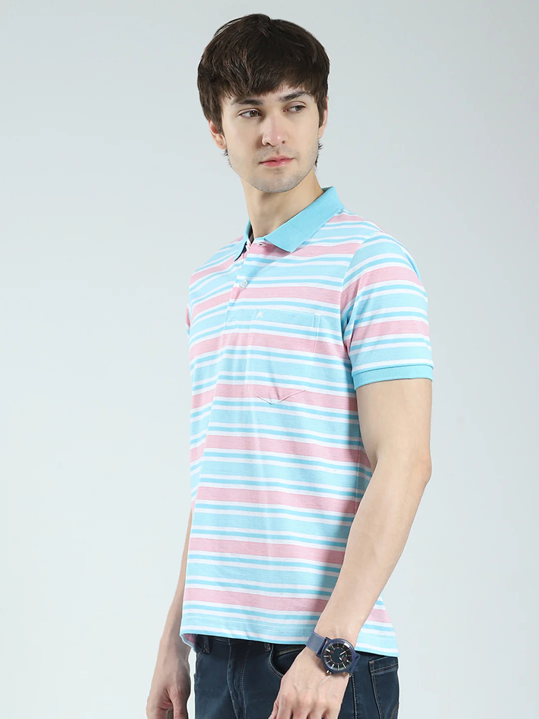 Men Blue Stripe Collar Half Sleeve T-Shirt - Image 3