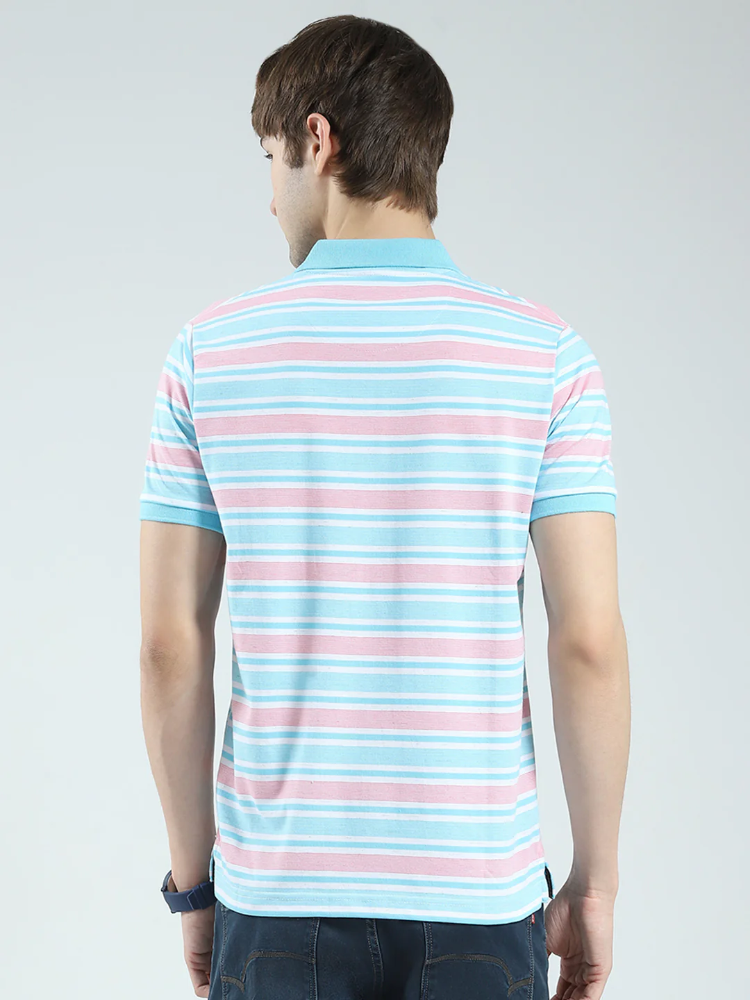 Men Blue Stripe Collar Half Sleeve T-Shirt - Image 5